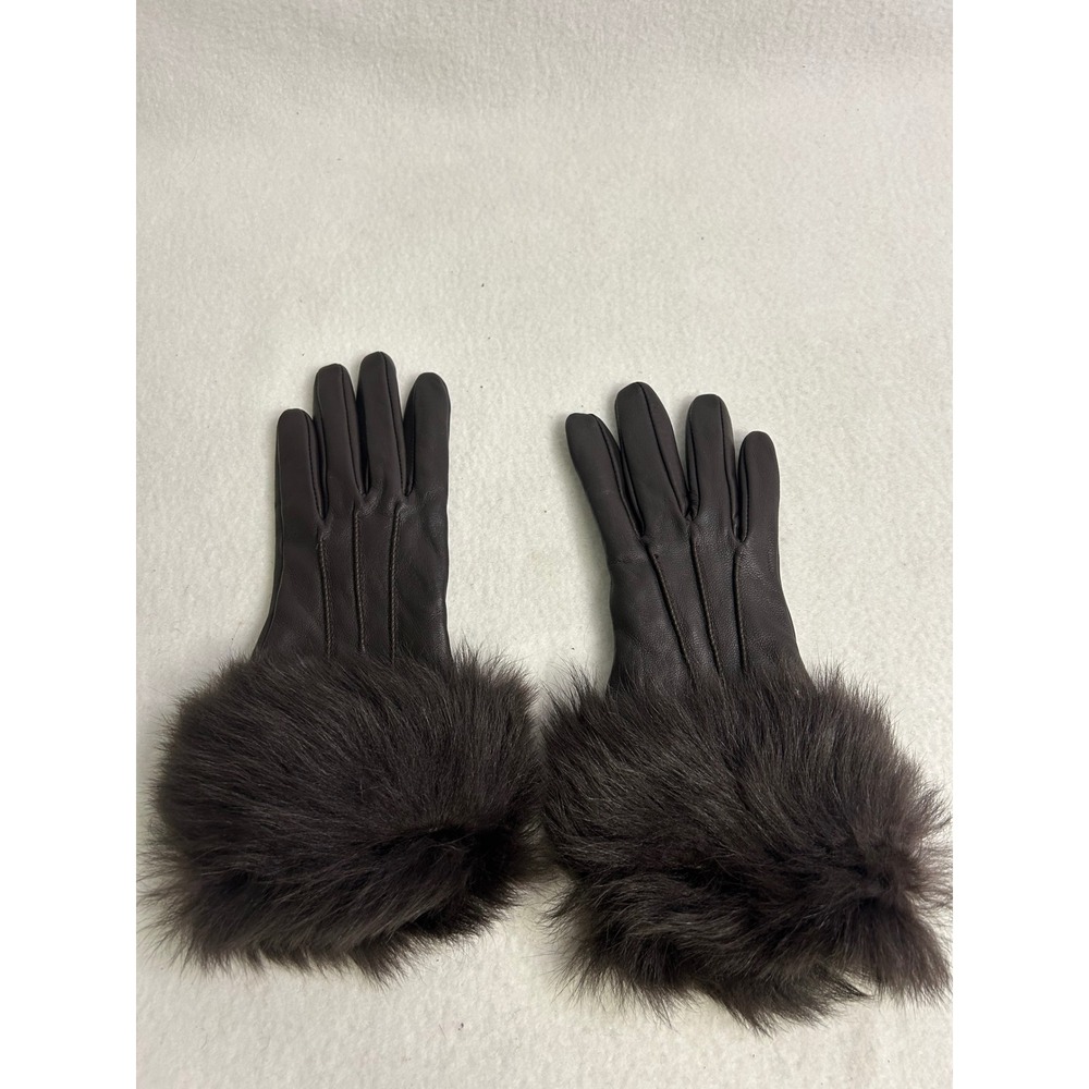Luxury Winter Fownes Womens Medium Brown Leather Shearling Fur Cuff Gloves